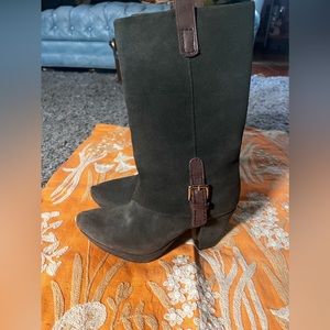 Like New EARTHIES greyish green suede with brown buckle boots size 6.5